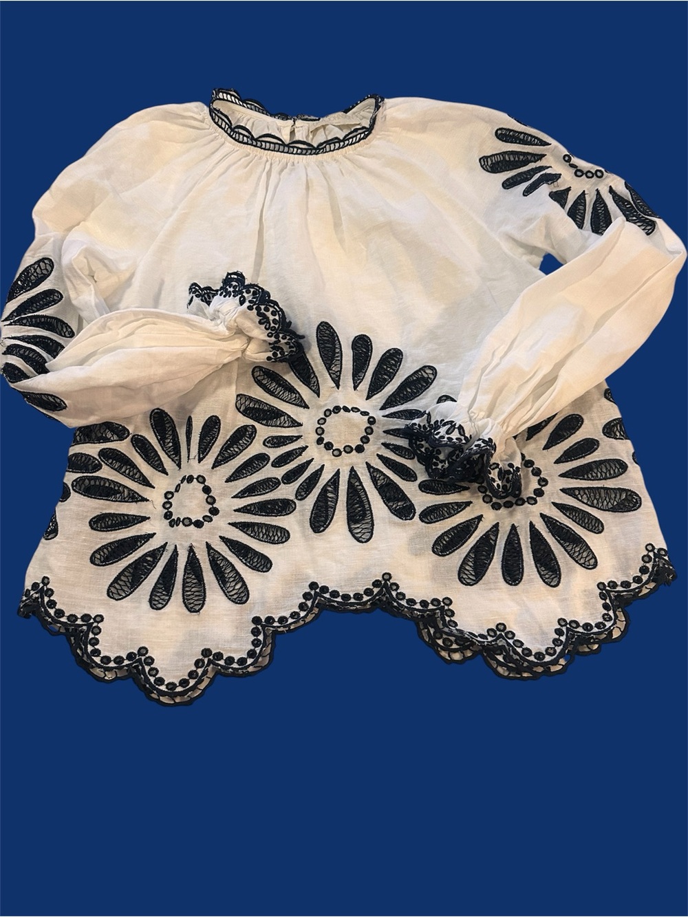 Women's Peasant Top with Navy Daisy Embroidery